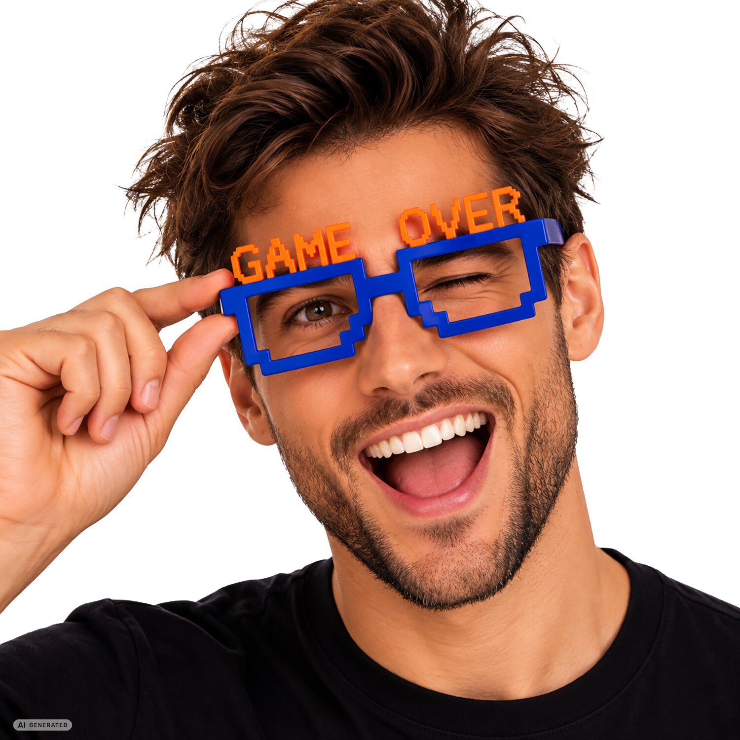 Mann mit blauer Game Over Pixelbrille 6230660 und orangefarbenem Schriftzug im Retro-Gaming-Stil.