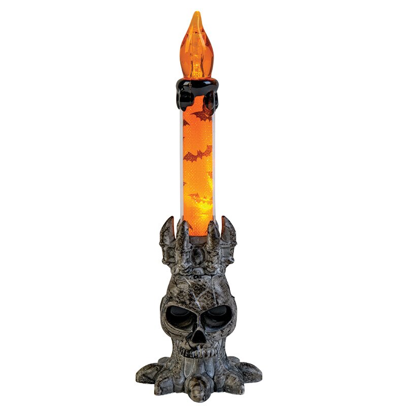 Halloween-Kerzenständer mit LED-Flamme, schwarzem Wachsdekor und Totenkopfsockel in silberfarbener Optik.