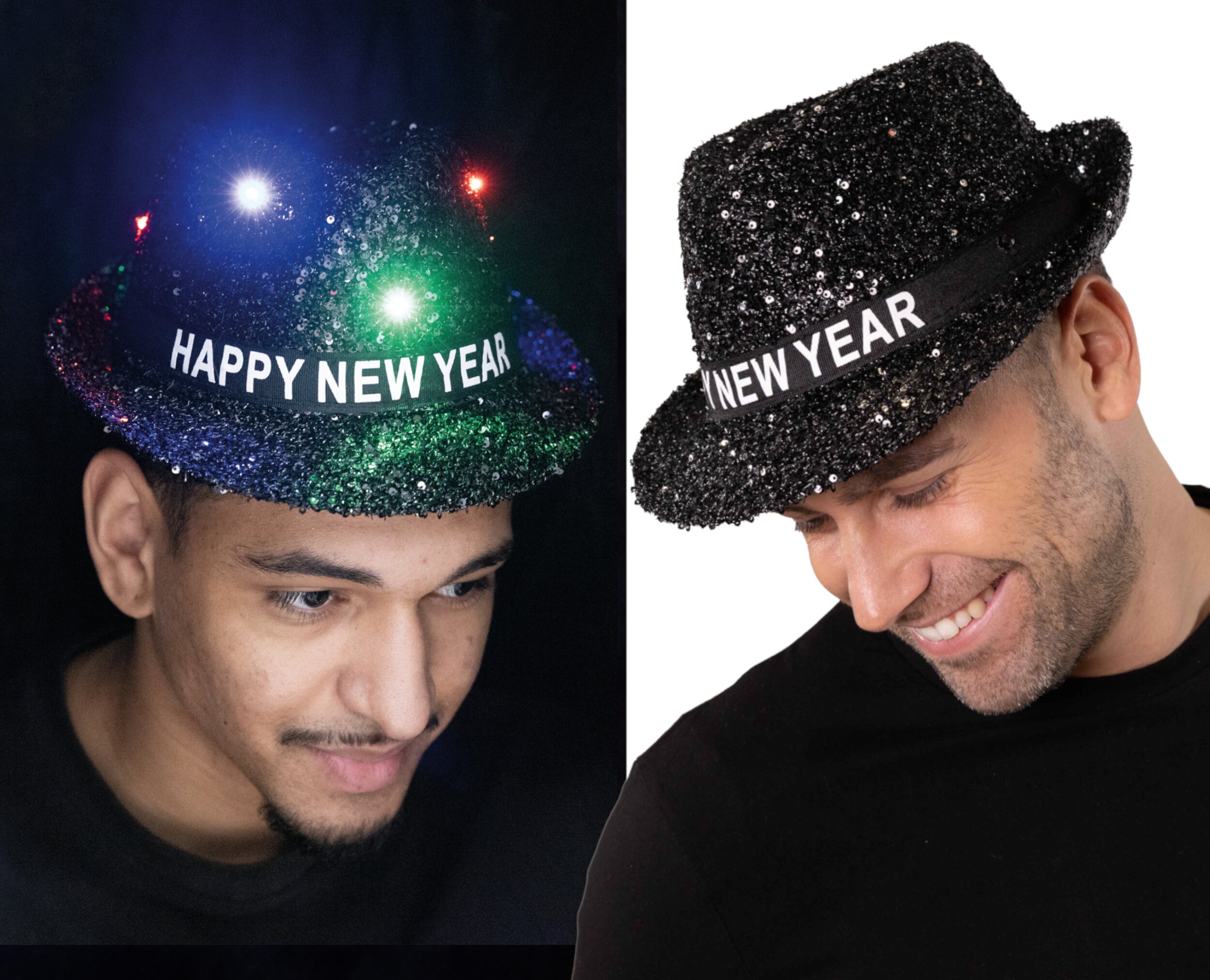Fedora Paillettenhut Happy New Year LED schwarz