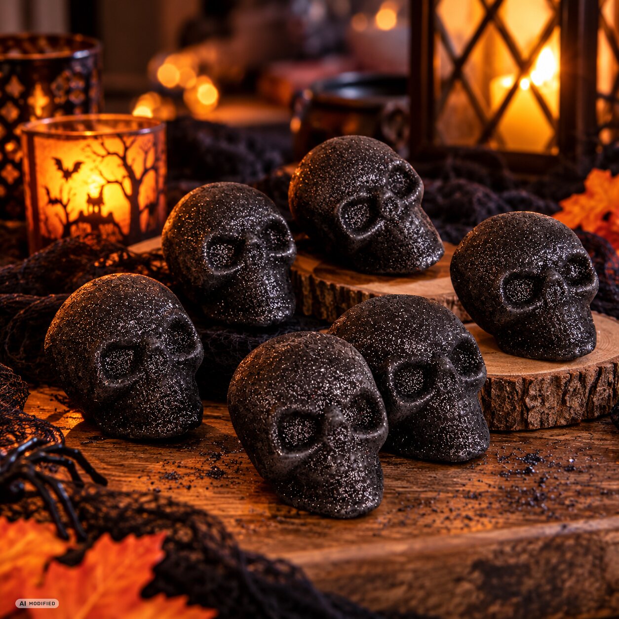Schwarze glitzernde Totenköpfe als gruselige Halloween-Deko in dunkler Atmosphäre mit orangefarbener Beleuchtung.