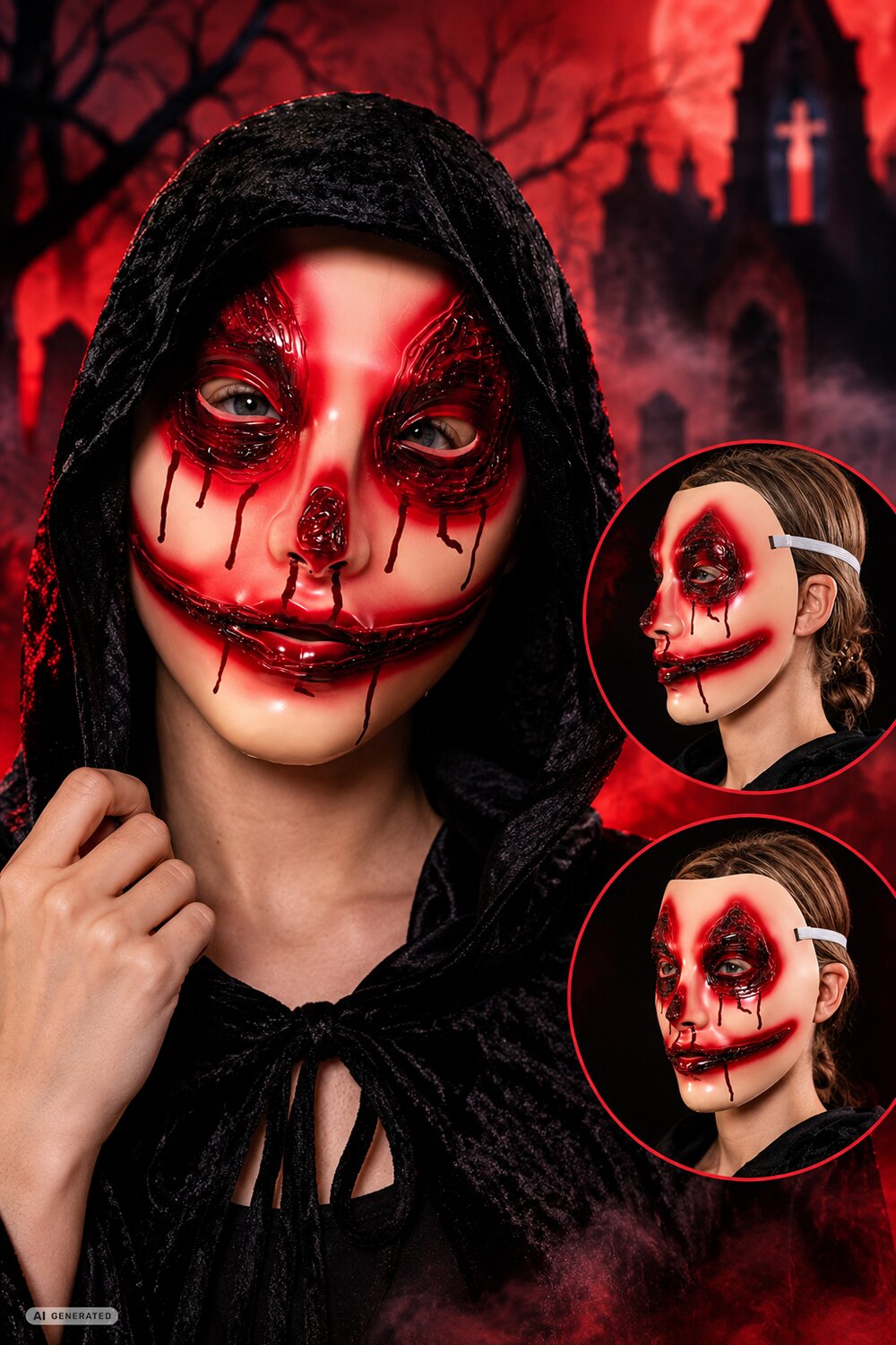Blutige Nightmare Maske mit Horror-Grinsen, schwarzer Kapuze und düsterem Halloween-Hintergrund