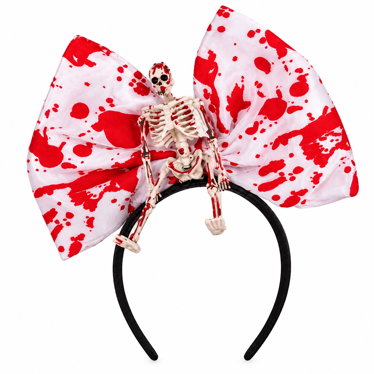 Haarreif mit blutiger Schleife  und Mini-Skelett für Halloween, Gruselparty und Karneval