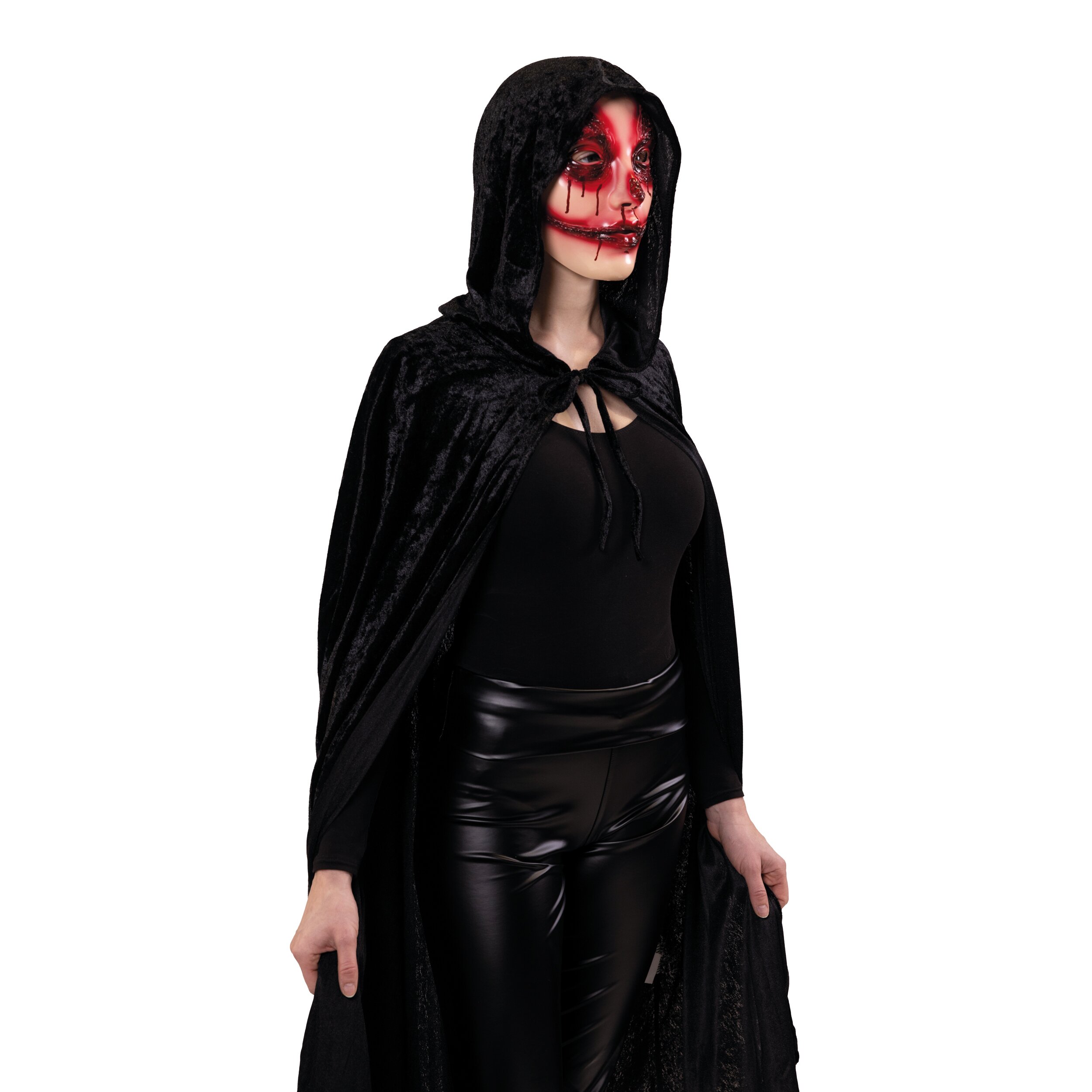 Nightmare Maske für Erwachsene mit blutigen Details und schwarzem Kapuzenumhang für Halloween
