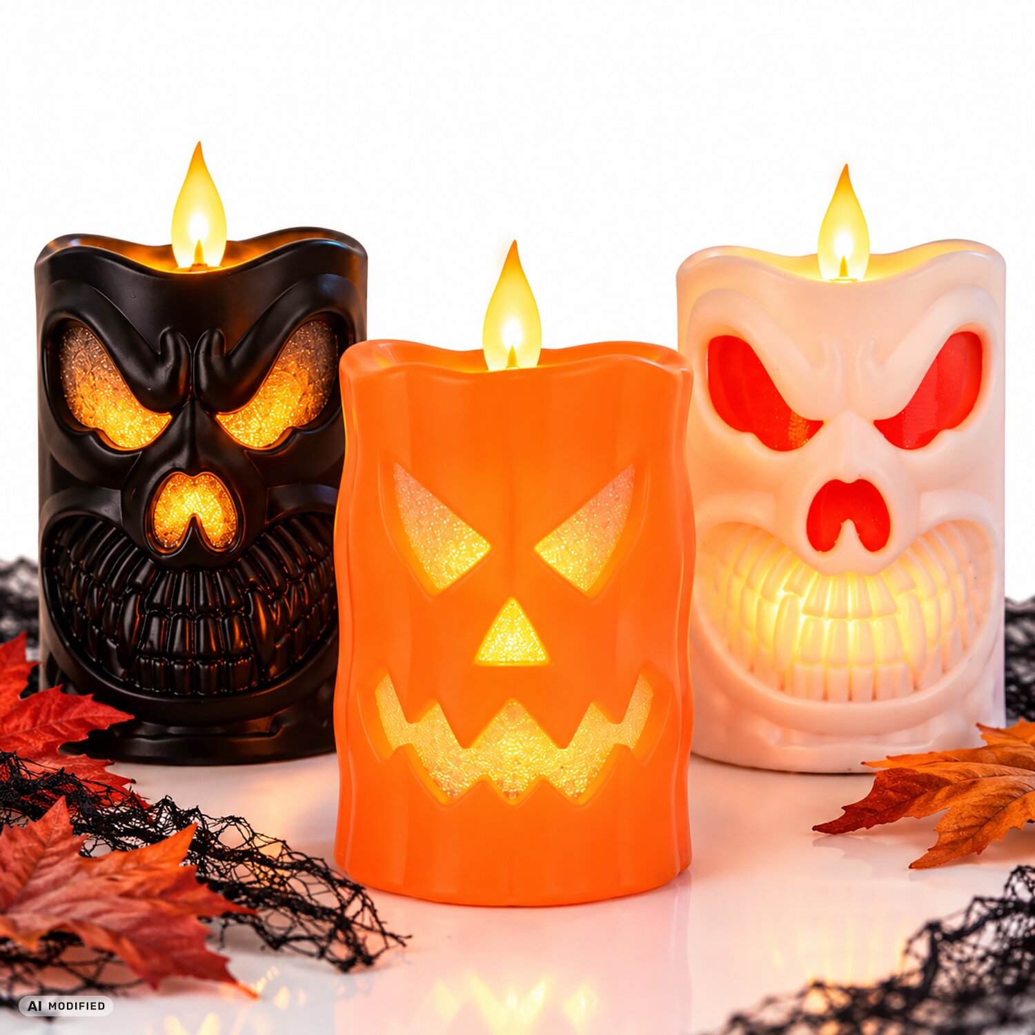 LED Kerzen 3er Set 6290951 mit drei leuchtenden Halloween-Motiven: schwarzer Totenkopf, orangefarbener Kürbis und weißer Totenkopf.