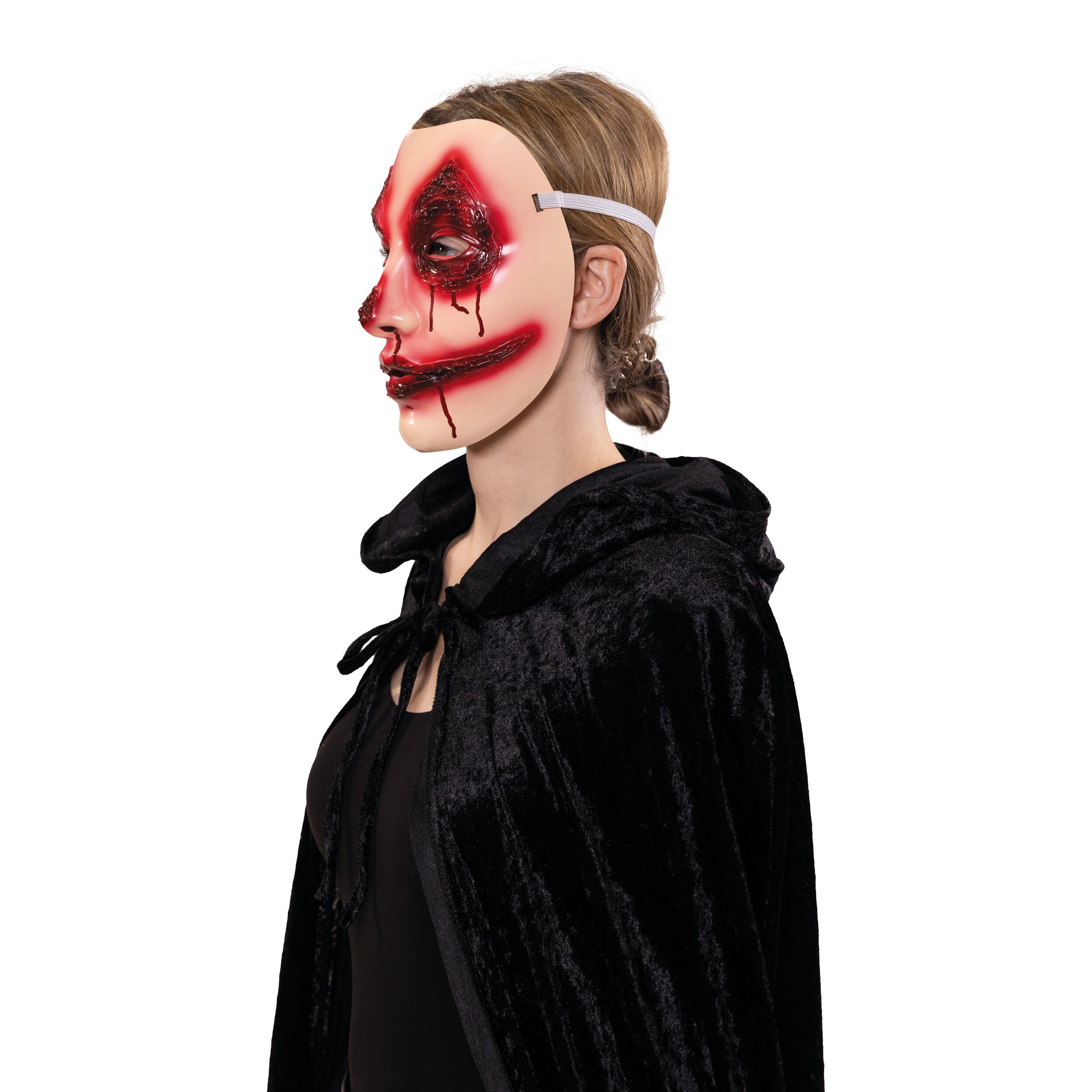 Blutige Halloween-Maske in Seitenansicht mit Wundeffekten, schwarzem Umhang und Gummiband