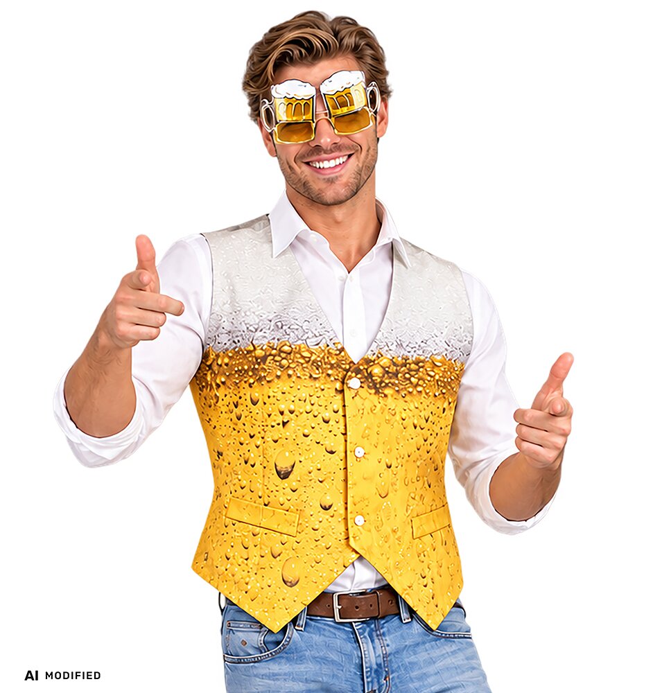 Bier-Weste 14630 für Herren mit gelbem Bier-Aufdruck und heller Schaumkrone, kombiniert mit weißem Hemd und Bierbrille