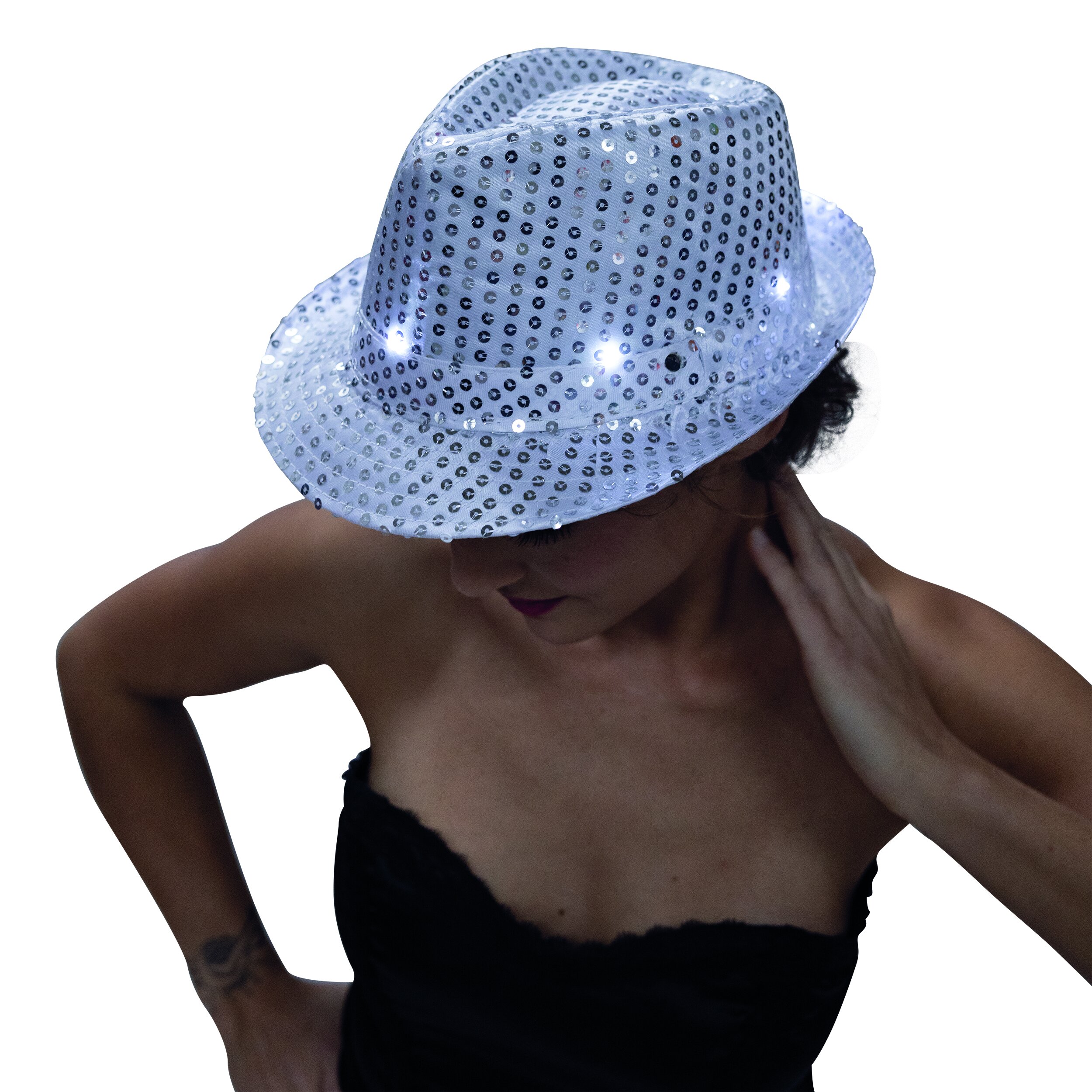 Sequined hat, silver, blinking lights