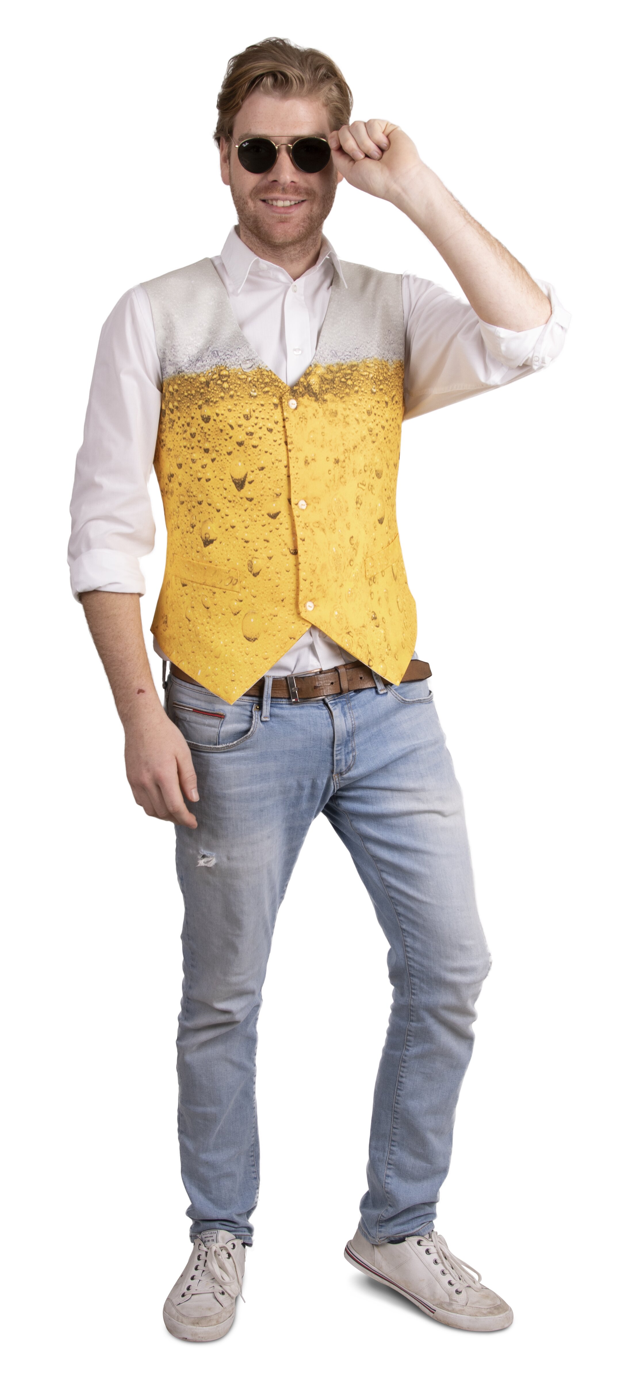 Herren-Bierweste 14630 mit Biermotiv und Schaumkrone als lässiger Bierfest-Look mit weißem Hemd und Jeans