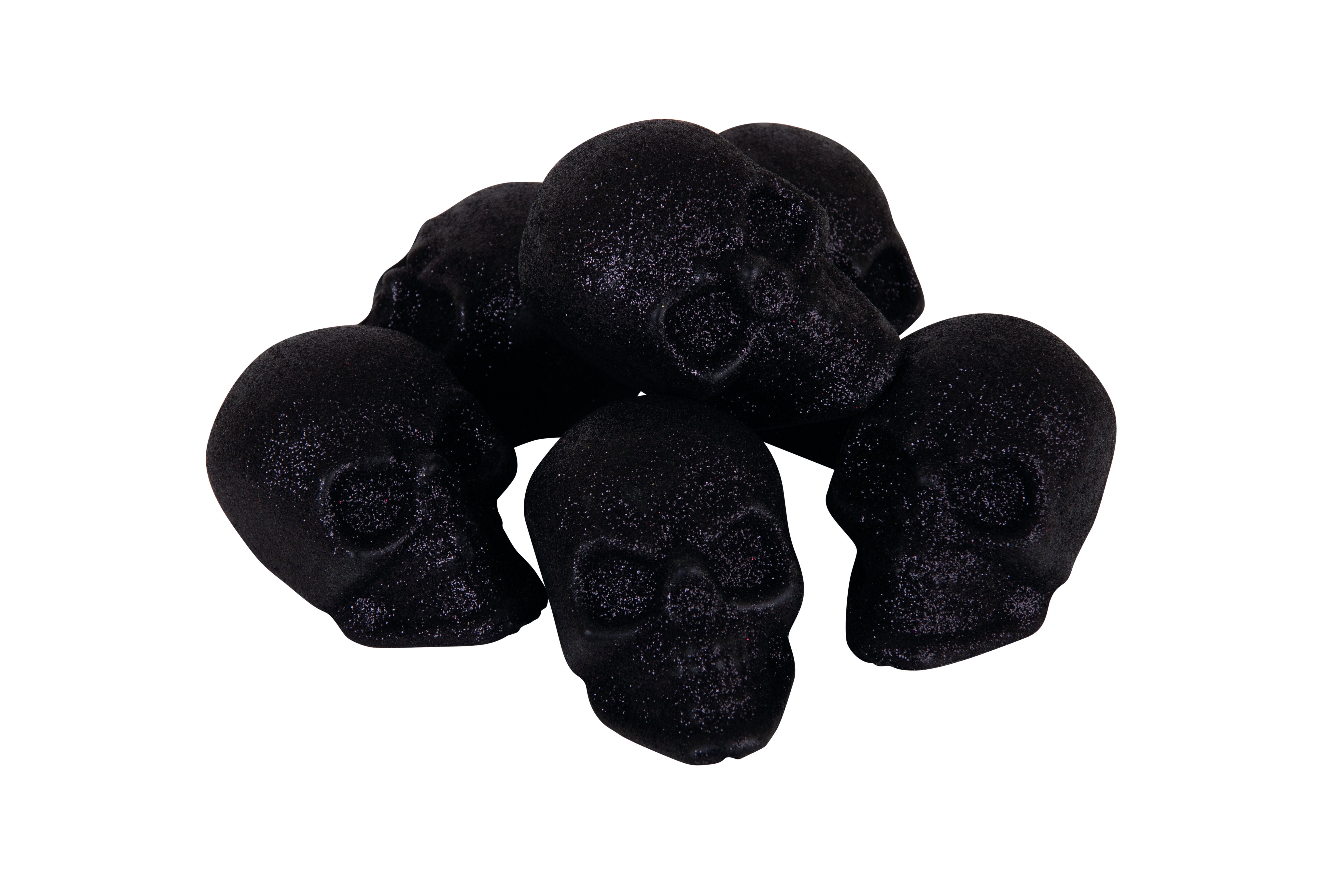 Sechs schwarze Glitter-Totenköpfe 6290708 mit funkelnder Oberfläche auf hellem Hintergrund.