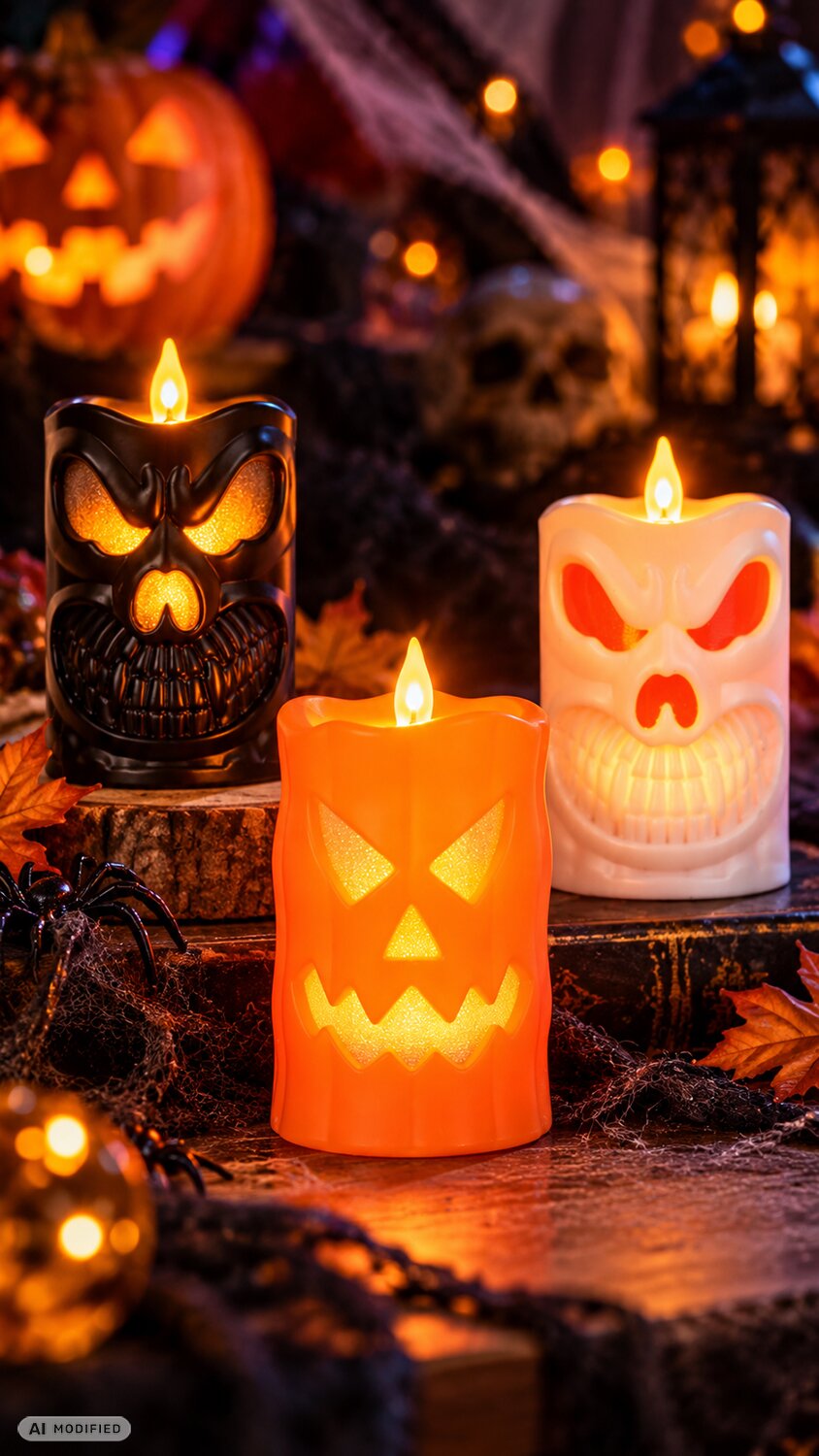 Leuchtende Halloween LED Kerzen im 3er Set mit gruseligen Gesichtern als stimmungsvolle Halloween-Dekoration.