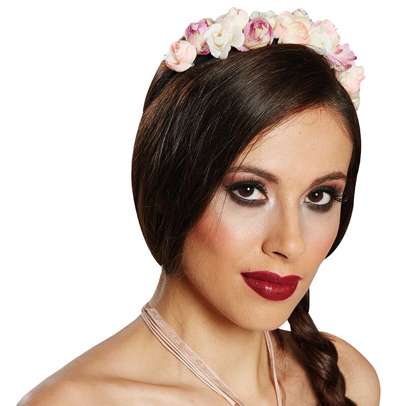 Blumenhaarreif 4150572 mit hellen Stoffrosen als florales Accessoire auf dunklem Haar