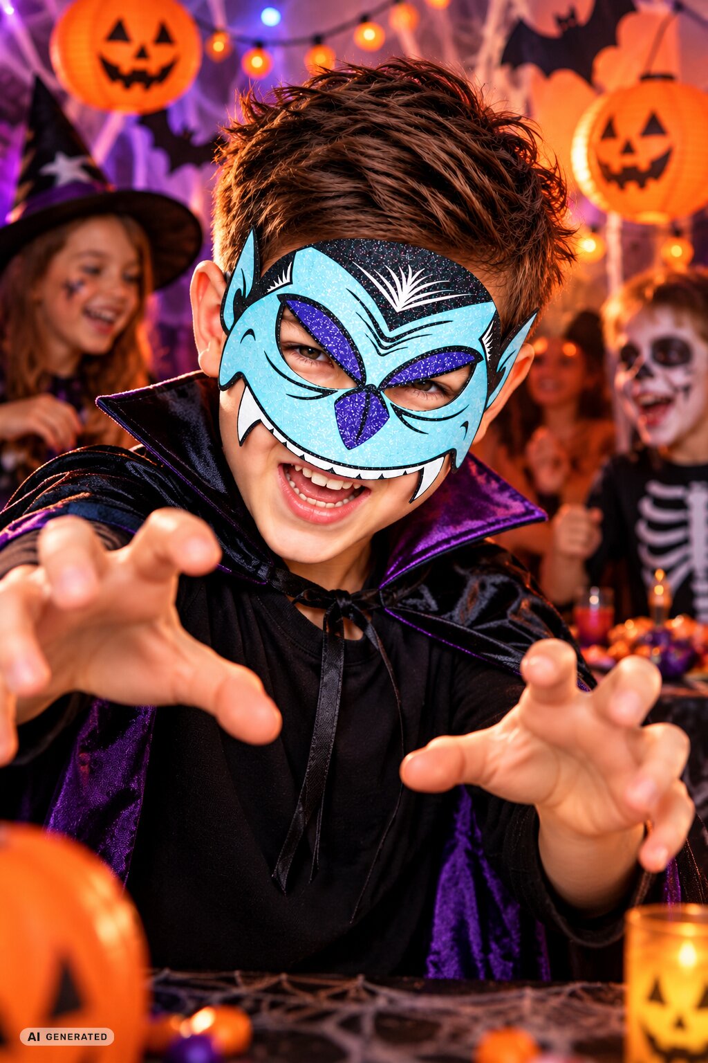 Vampir Maske für Kinder mit Glitter und im Comicstil für Hallween und Mottoparty