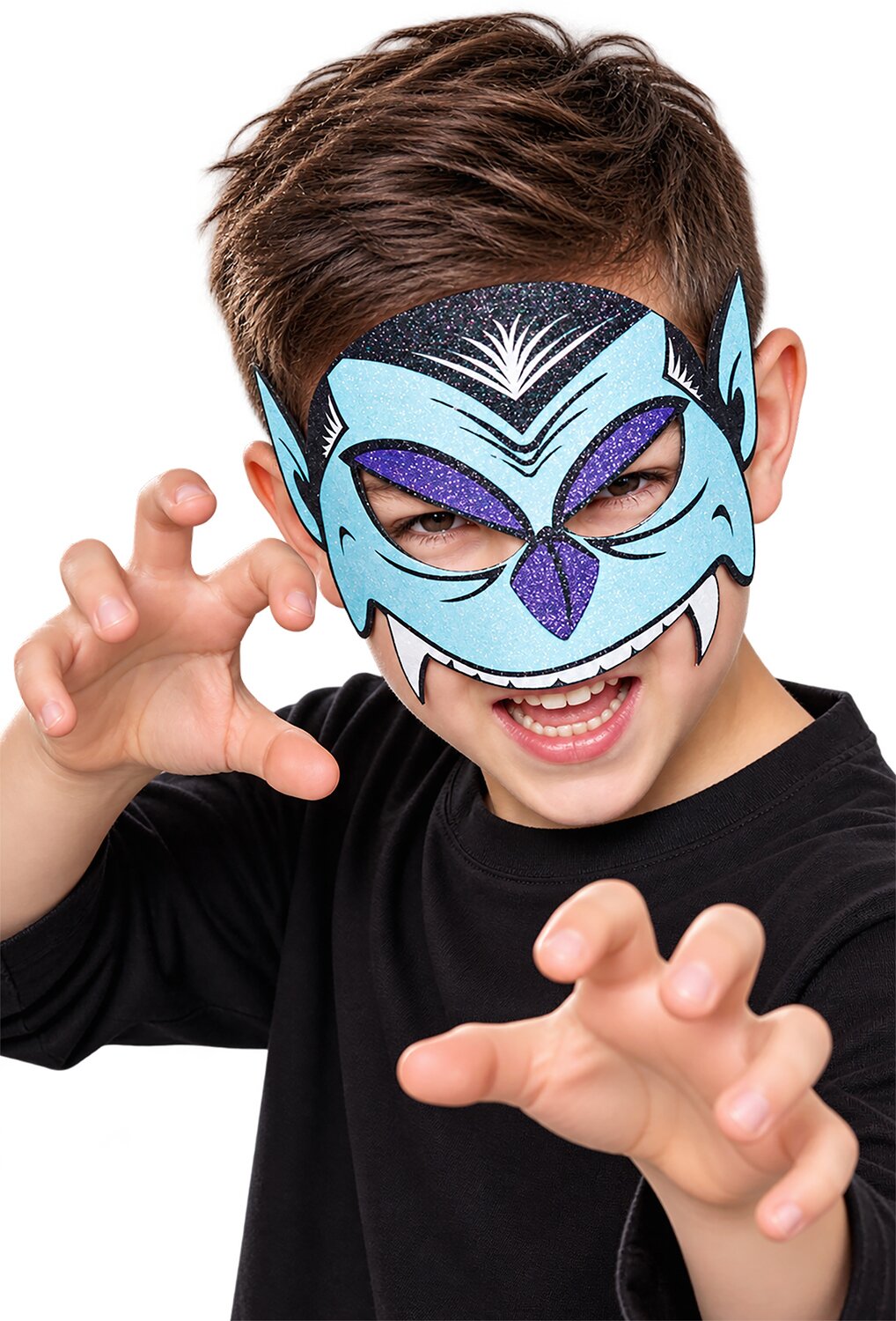 Blaue Vampir-Glittermaske für Kinder mit Glitzer, spitzen Zähnen und Comicstil für Karneval und Halloween