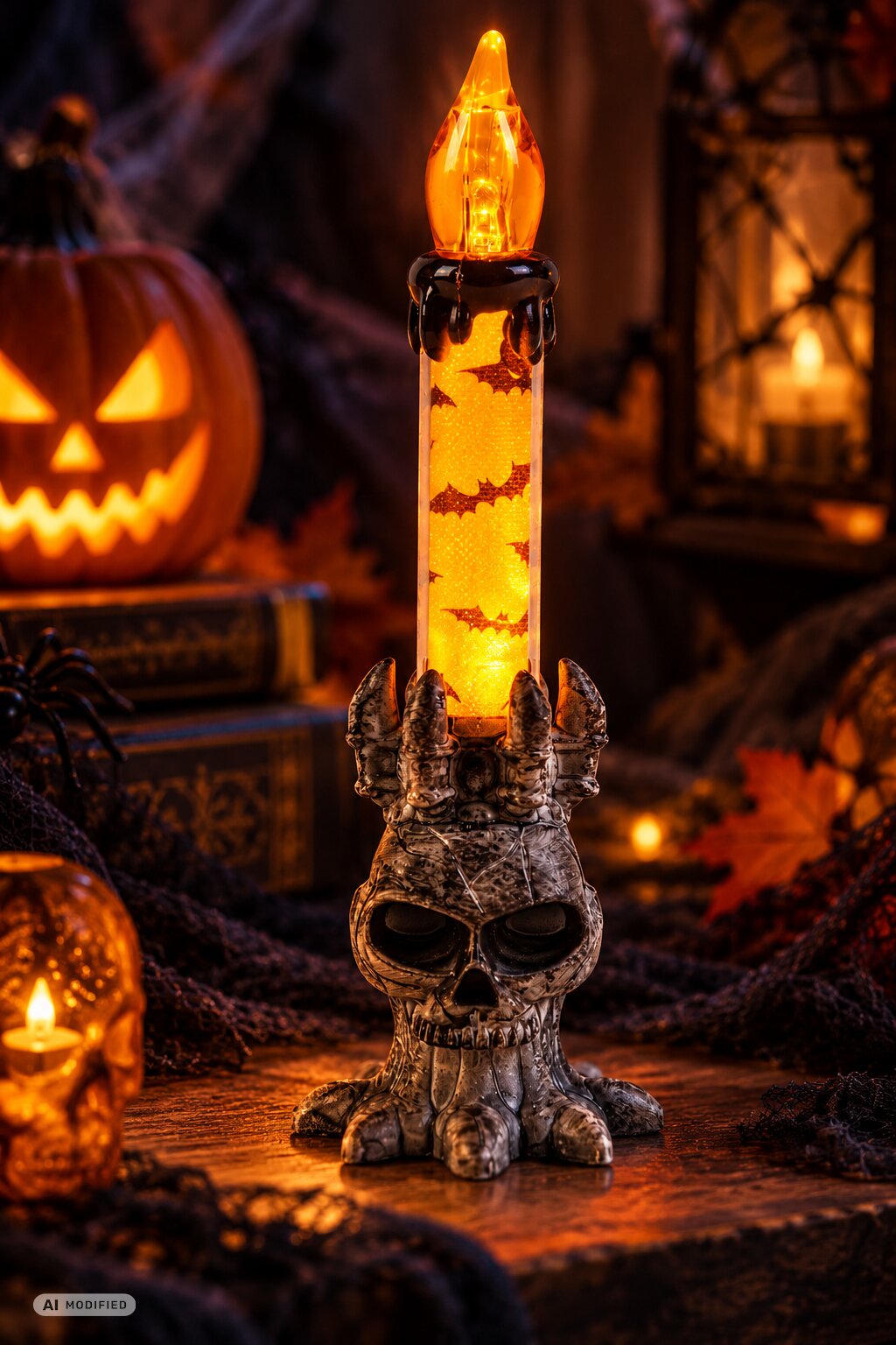 Leuchtender Halloween-Kerzenständer mit Totenkopf und orangefarbener LED-Kerze in düsterer Halloween-Atmosphäre.