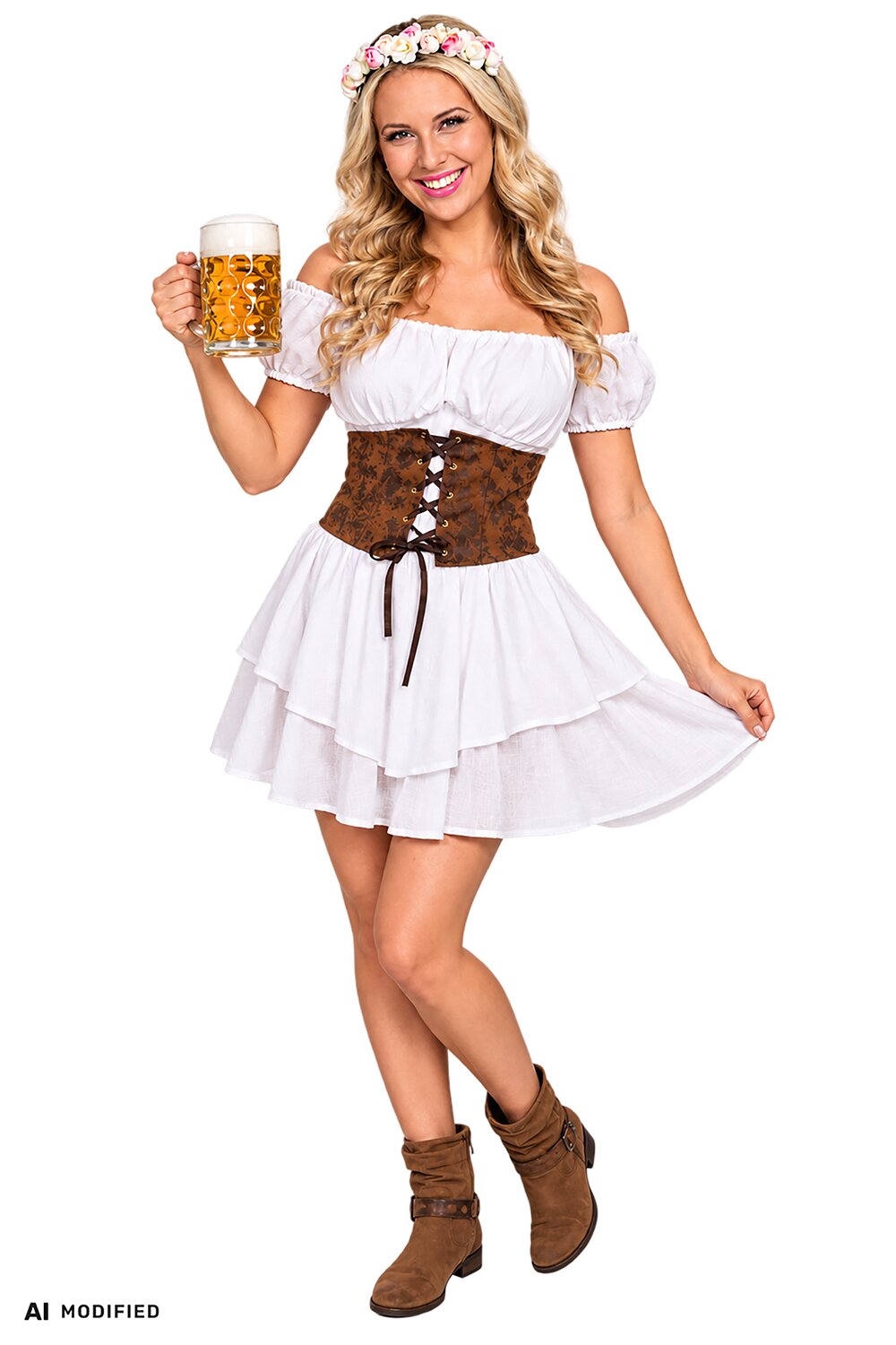 Kleid Casey 13823 weiß-braun als Bierfest-Look mit Blumenhaarreif kombiniert