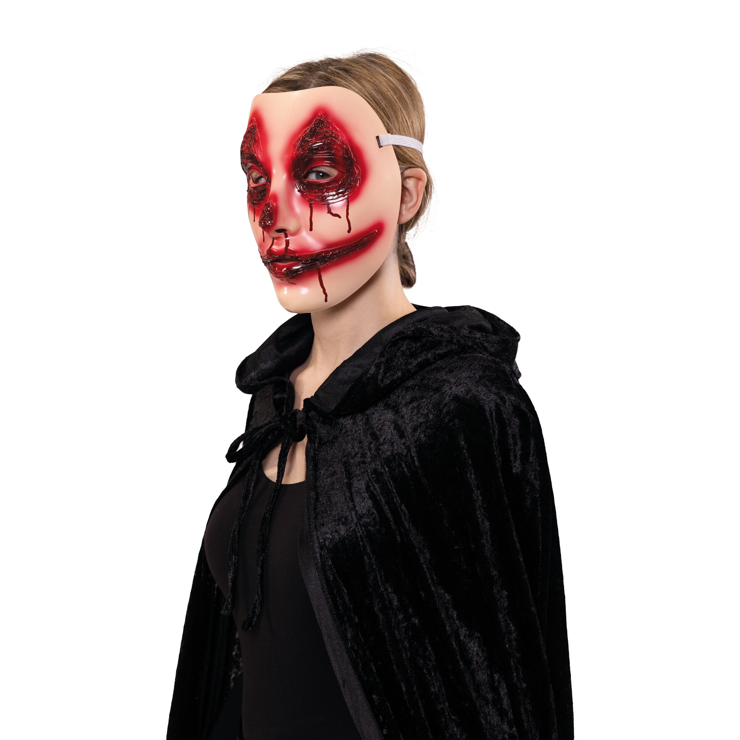 Blutige Horror Halloween-Maske in Seitenansicht mit Wundeffekten, schwarzem Umhang und Gummiband