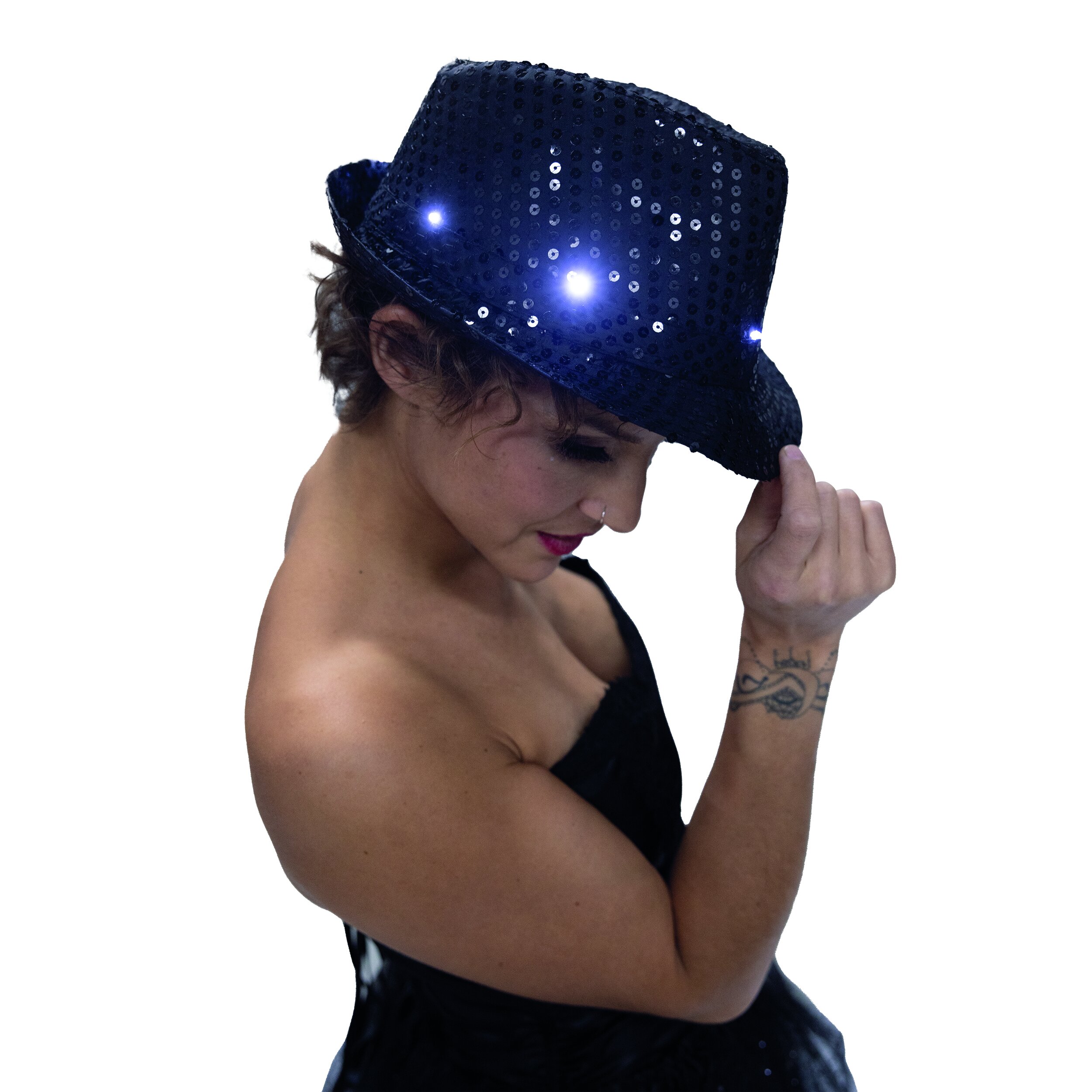 Sequined hat, black, blinking lights