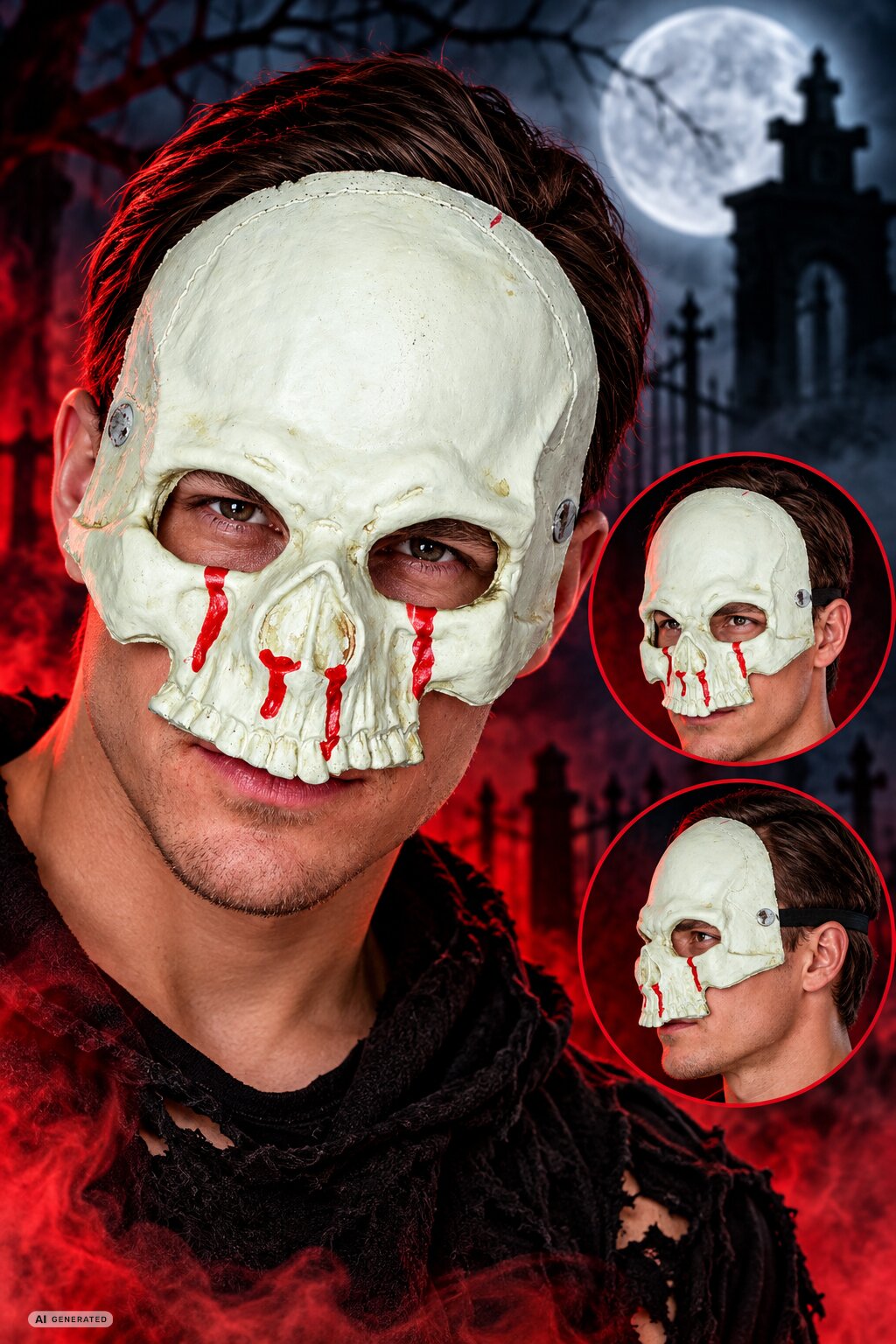 Weiße Skull-Halbmaske mit roten Blutspuren und Totenkopf-Design an einem Mann für Halloween und Karneval.
