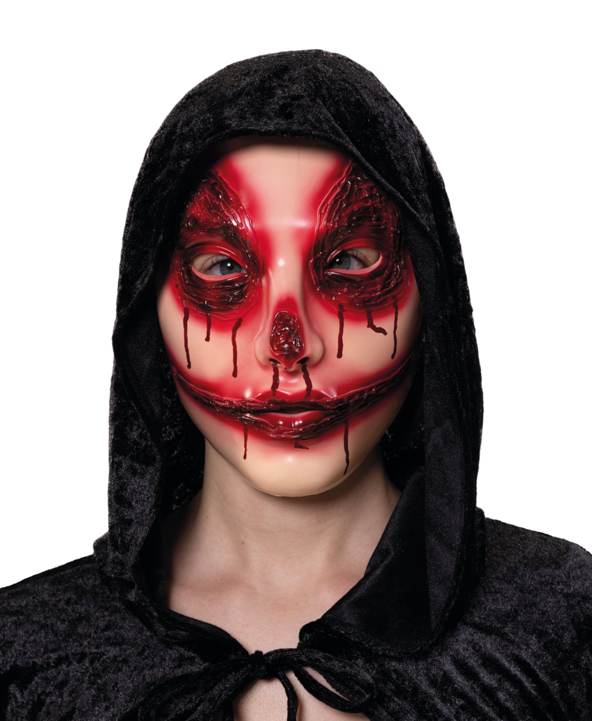 Blutige Nightmare Horror-Maske für Erwachsene, rot-schwarze Augenpartie und gruseliges Lächeln, für Halloween und Mottoparty