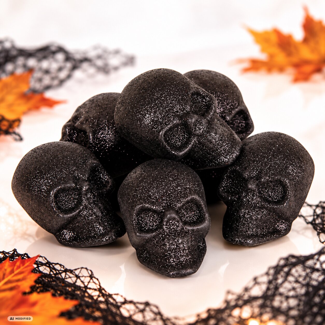 Sechs schwarze Glitter-Totenköpfe 6290708 mit glitzernder Oberfläche als Halloween-Dekoration, arrangiert mit Herbstlaub und Spinnennetz.