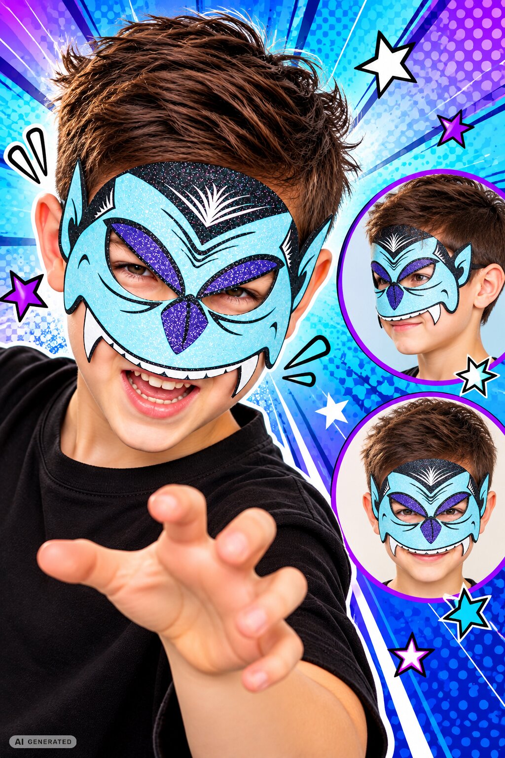 Blaue Vampir-Glittermaske für Kinder mit Glitzer, spitzen Zähnen  für Halloween, Mottoparty und Fasching