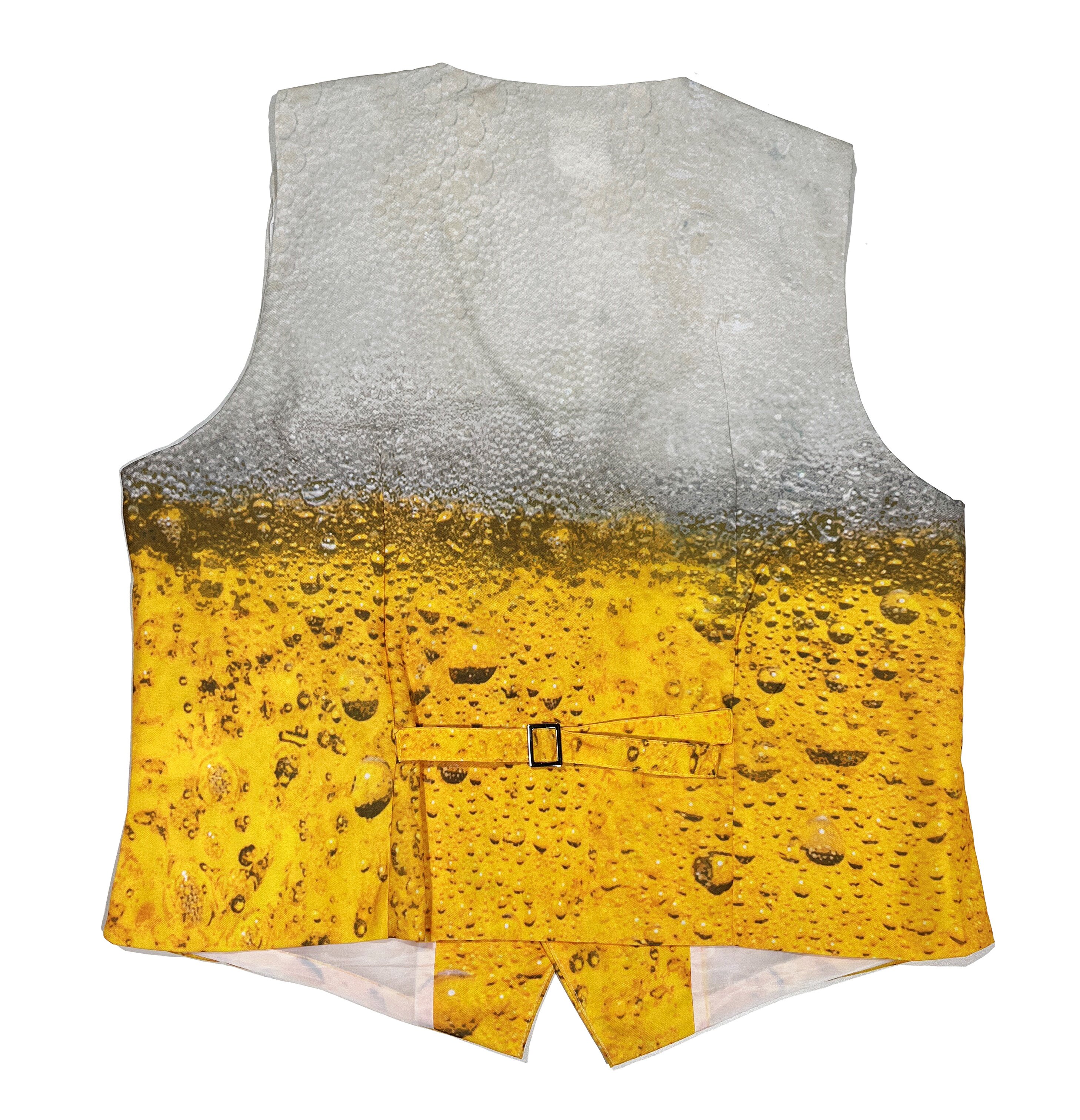 Rückansicht der Bier-Weste 14630 mit gelbem Biermotiv, heller Schaumkrone und rückseitigem Riegel mit Schnalle