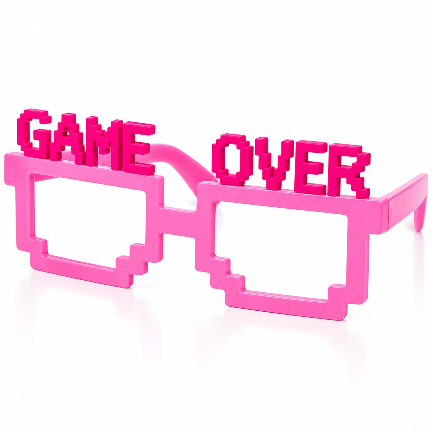Pinke Pixelbrille 6230659 mit Game Over Schriftzug und eckigem Retro-Design auf weißem Hintergrund.