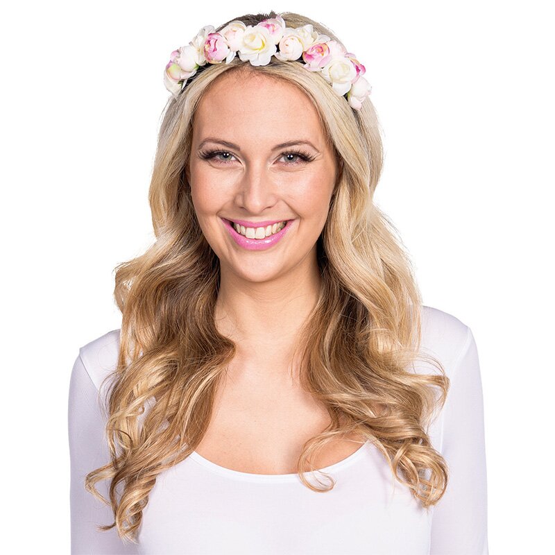 Blumenhaarreif 4150572 mit weißen, cremefarbenen und rosafarbenen Stoffrosen auf blondem Haar