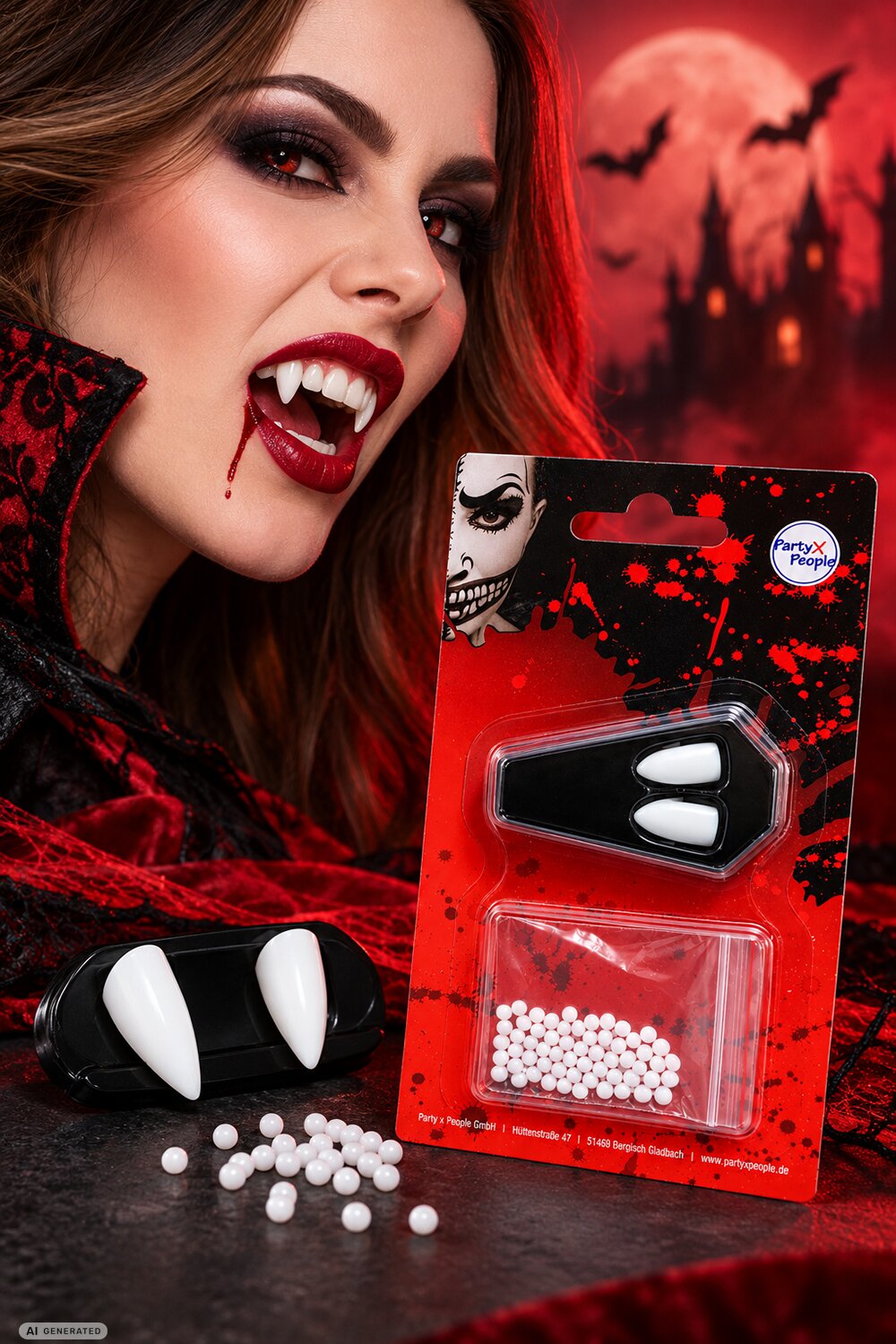 Vampir Eckzähne für Halloweenparty und Karneval, inklusive Haftperlen