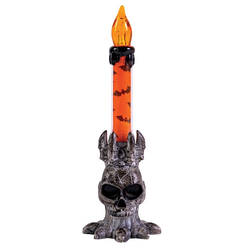 LED-Kerzenständer 6290948 mit orangefarbener Fledermauskerze und silberfarbenem Totenkopf auf weißem Hintergrund.