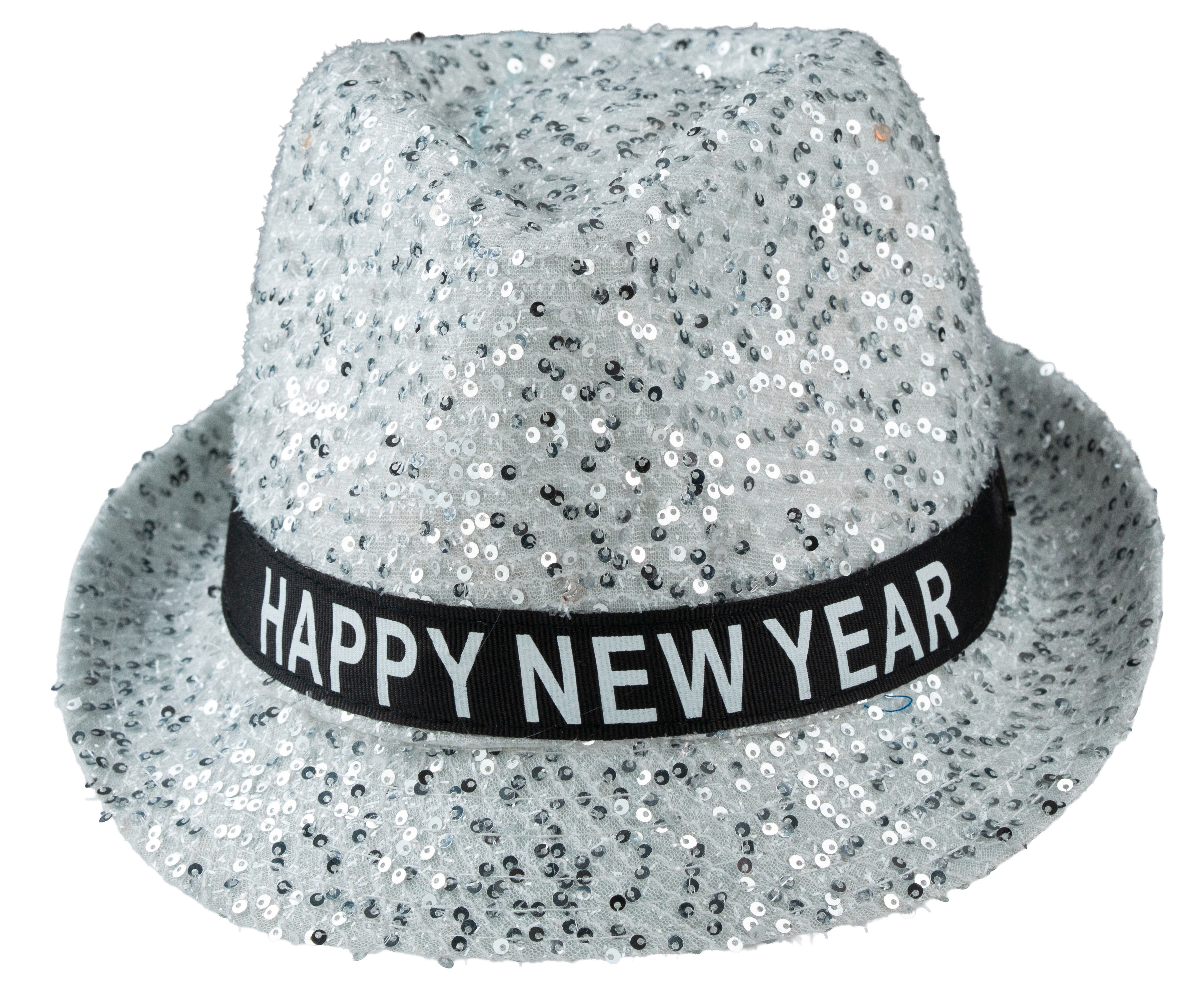 Fedora Paillettenhut Happy New Year LED silber