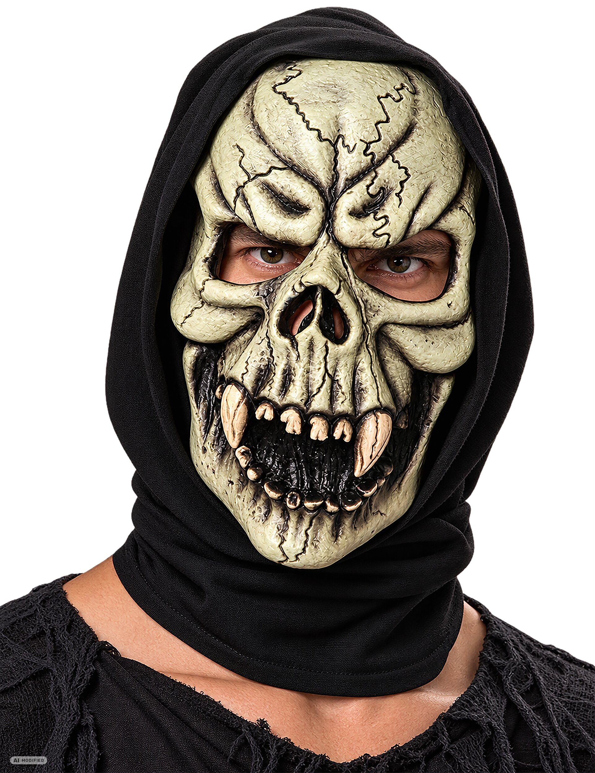 Totenschädelmaske mit schwarzem Kapuzentuch, Knochenoptik, Rissen und spitzen Zähnen für Halloween