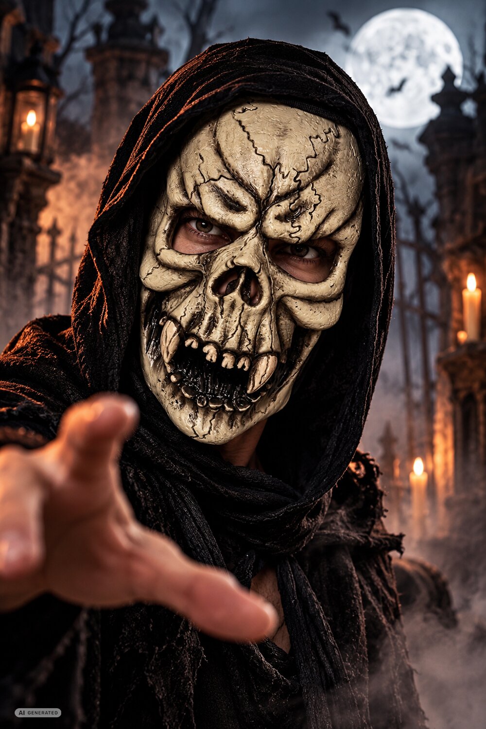 otenschädelmaske mit Fangzähnen und schwarzer Kapuze vor düsterer Friedhofskulisse, Booktok Style